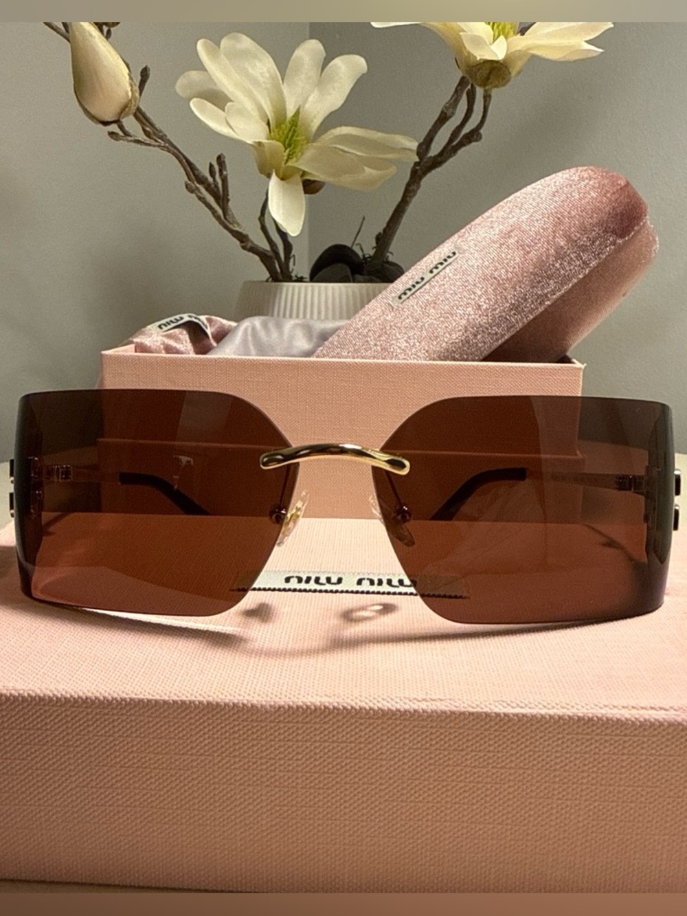 Miu Miu Rimless Brown Gradient Sunglasses with Gold Bridge